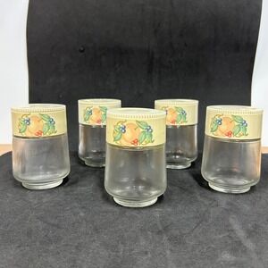 Vintage Gemco 5 Piece Glass Spice Jar Set Fruit Motif Acrylic Wall Rack USA